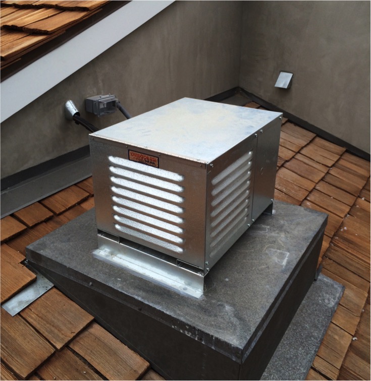 A San Francisco home had a wine cellar installed. This is the consensing unit placed on the roof of the home.