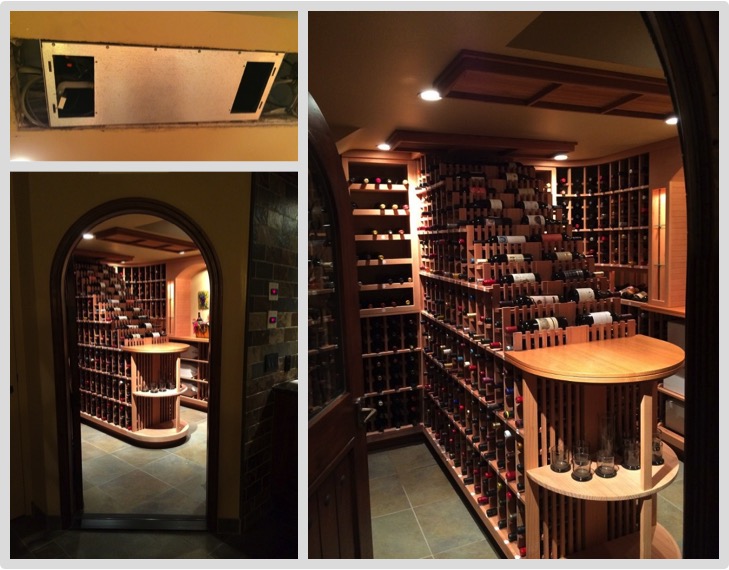 Working in the posh town of Bel Air, Wine Cellar Cooling Services San Francisco installed a split system refrigeration unit to this waterfall wine racked wine cellar.